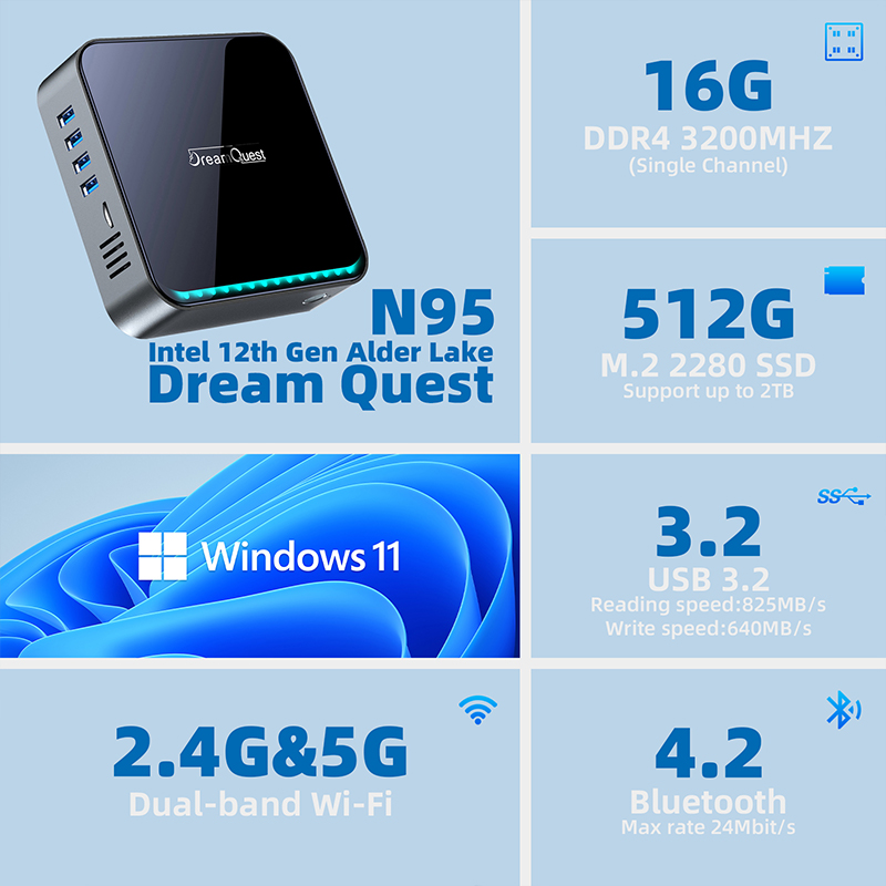 DreamQuest Mini PC 8GB DDR3 128GB EMMC Windows 10 Pro 64 Bit Mini